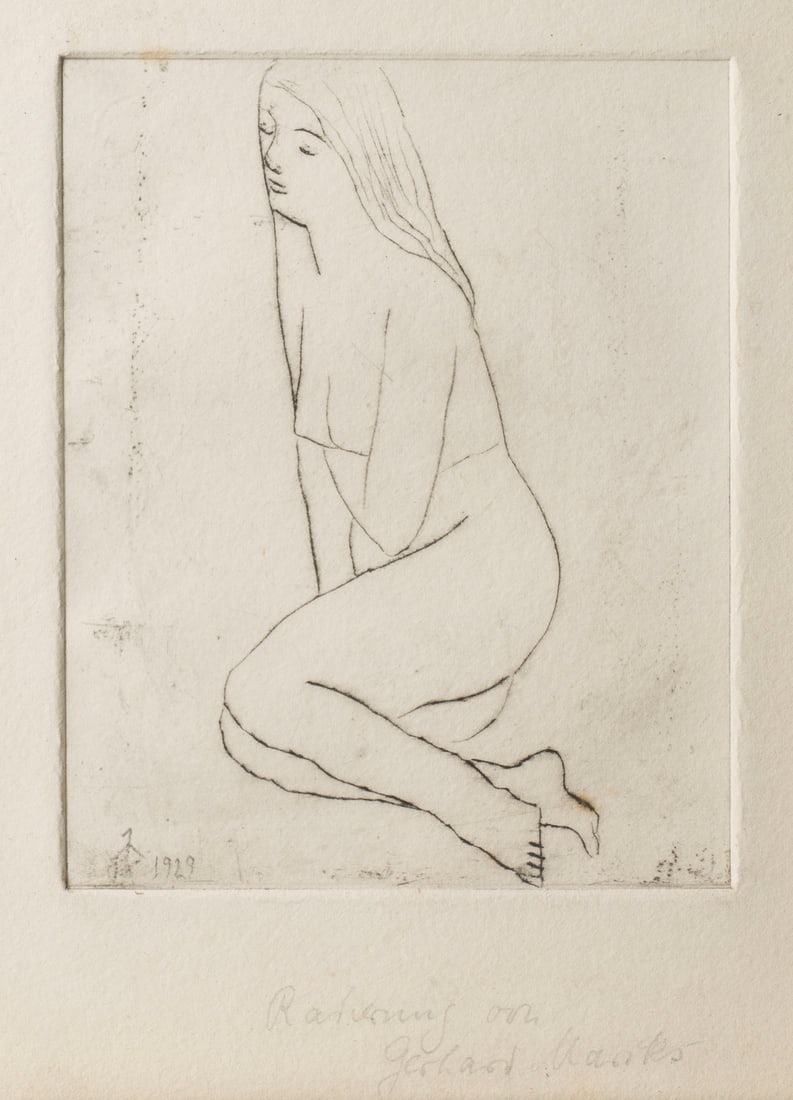 GERHARD MARCKS – SITZENDER DAMENAKT (C. 1929): GERHARD MARCKS1889 Berlin - 1981 Burgbrohl SEATED FEMALE NUDE (C. 1929) Drypoint in JW Zanders laid paper, with watermark. F. 25 x 20 cm. Print size 15,5 x 12,2 cm, Sheet size 23,5 x 19,5 cm. Signed i