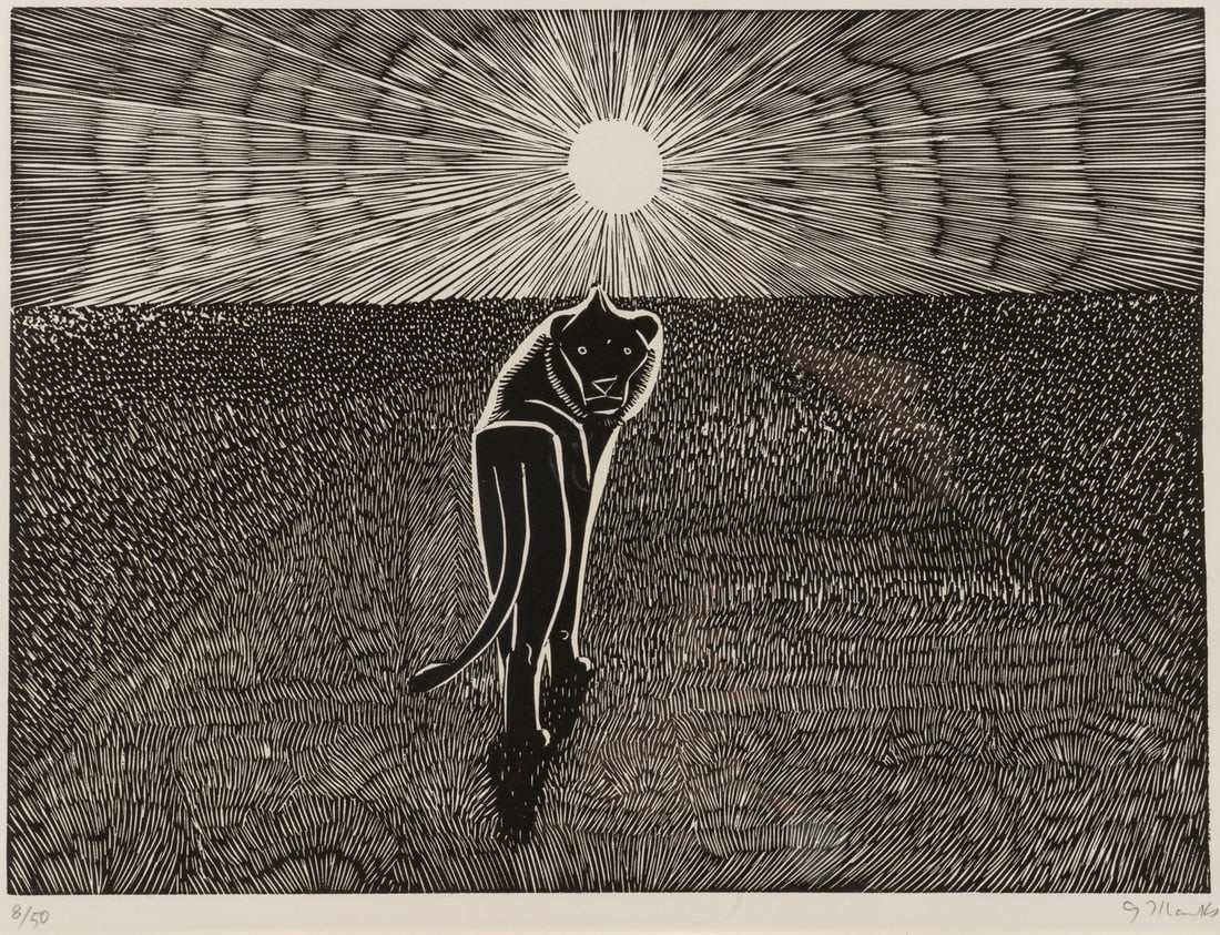 GERHARD MARCKS – LOEWE: GERHARD MARCKS1889 Berlin - 1981 Burgbrohl LION Woodcut on thin paper. Sheet size 37 x 53 cm. Print size 29.4 x 39.8 cm. Signed in pencil 'G. Marcks' lower right and numbered '8/50' lower left. Discol