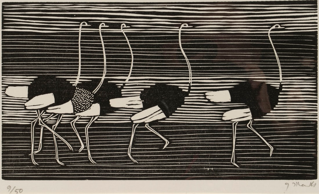 GERHARD MARCKS – 'LAUFENDE STRAUßE' (1956): GERHARD MARCKS1889 Berlin - 1981 Burgbrohl 'RUNNING OSTRICHES' (1956) Woodcut on light paper. Sheet size 37 x 53.1 cm. Print size 16.1 x 28.6 cm. Signed in pencil 'G. Marcks' and numbered '9/50' lower