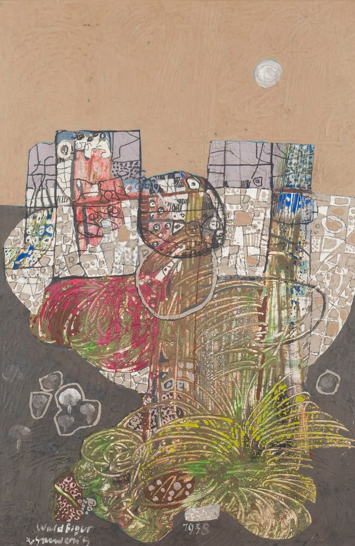 LEO GREWENIG – 'WALDFIGUR' (1958): LEO GREWENIG1898 Heusweiler, Saarland - 1991 Bensheim 'FOREST FIGURE' (1958) Mixed media, gouache, fibre-tip pencil and crayon on fibreboard. F 42,9 x 30,9 cm. 40 x 27,3 cm. Signed and titled lower le