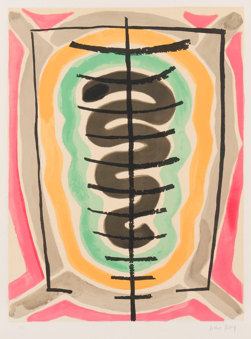 MAN RAY – BLATT AUS 'L'ORIGINE DES ESPECES PAR VOIE DE SELECTION IRRATIONELLE (III)' (1972): MAN RAY1890 Philadelphia, Pennsylvania/USA - 1976 Paris SHEET FROM 'L'ORIGINE DES ESPECES PAR VOIE DE SELECTION IRRATIONELLE (III)' (1972) Colour lithograph on vellum. F 57,3 x 42,3 cm. Sheet size 50,