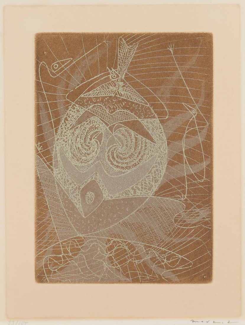 MAX ERNST – 'MASQUE' (1950): MAX ERNST1891 Bruehl - 1976 Paris 'MASQUE' (1950) Colour etching on vellum. F 50,8 x 37,8 cm. Visible size 24,5 x 19,2 cm. Print size 18 x 13 cm. Signed in pencil lower right 'Max Ernst', num. '33/100