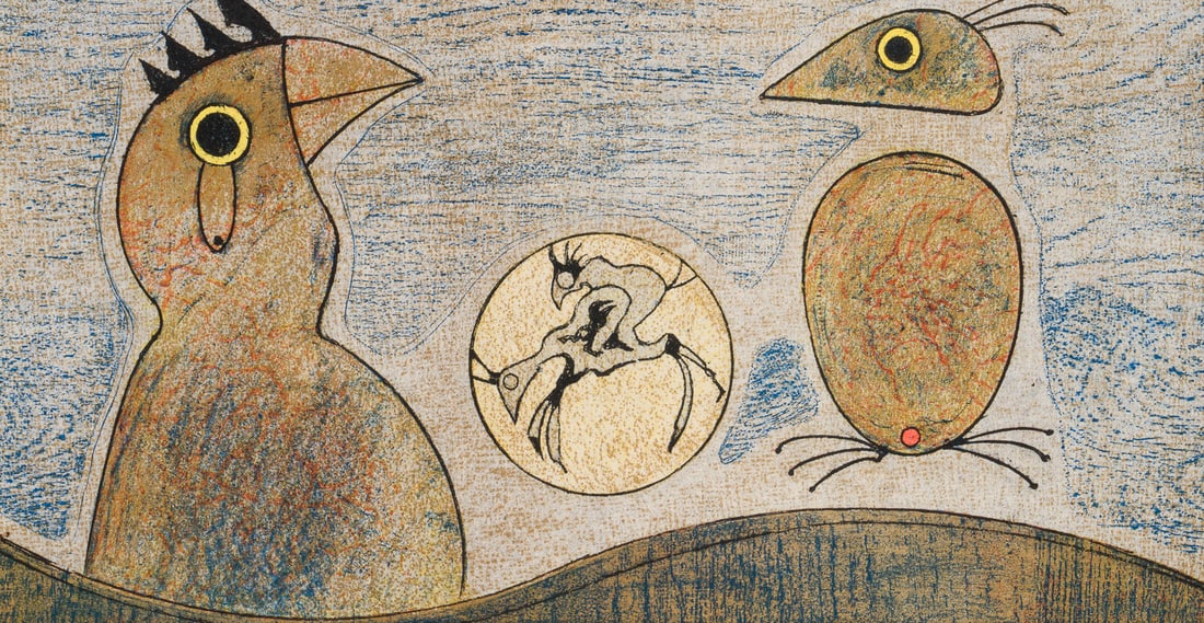 MAX ERNST – 'LES OISEAUX (DIE VOEGEL)' (1976): MAX ERNST1891 Bruehl - 1976 Paris 'LES OISEAUX (THE BIRDS)' (1976) Colour lithograph on vellum. F 43,2 x 68,5 cm. Visible size 30,7 x 56 cm. Signed in stone lower right. Centrefold. Framed behind glas