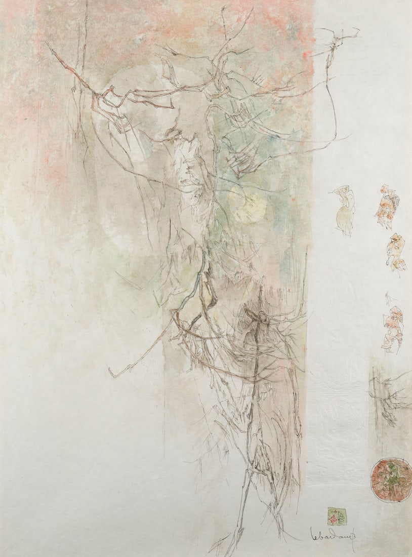 DANG LEBADANG – OHNE TITEL: DANG LEBADANG 1921 Vietnam - 2015 Paris UNTITLED Watercolour on Japan paper with embossed print. F 104 x 80,5 cm. Visible size 75,1 x 55,6 cm. Signed lower right 'Lebadang'. Mounted and framed behind 