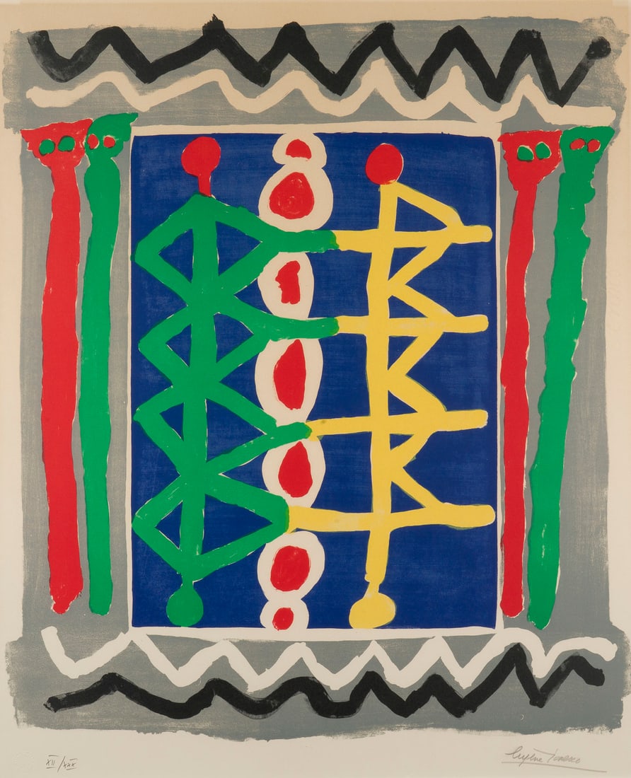 EUGÈNE IONESCO – OHNE TITEL: EUGÈNE IONESCO1909 Slatina, Rumania - 1994 Paris, France UNTITLED Colour lithograph on Arches, with watermark and dry stamp 'Erker Presse St. Gallen'. Frame size 90.2 x 78.2 cm. Visible size 86.2 x 5