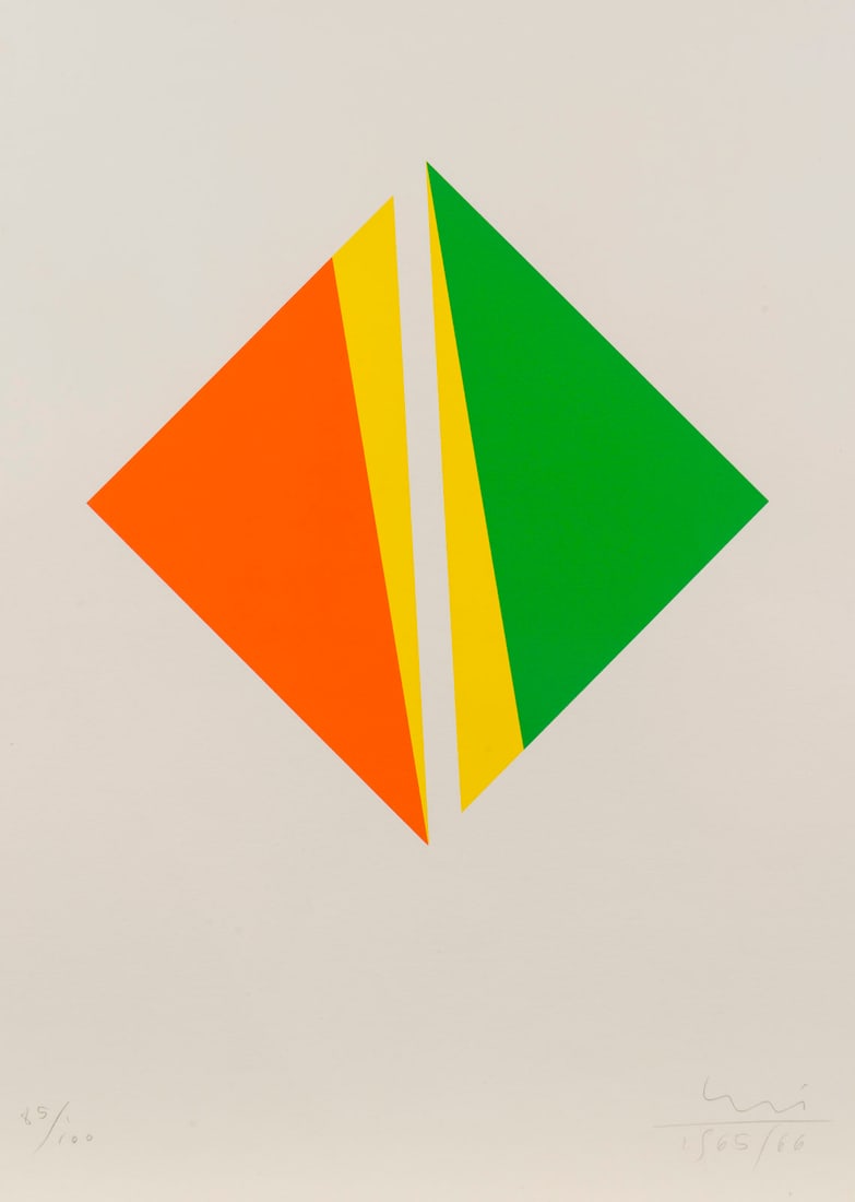 MAX BILL – OHNE TITEL (1965/1966): MAX BILL1908 Winterthur - 1994 Berlin UNTITLED (1965/1966) Colour serigraph on laid paper. Sheet size 56.7 x 39.5 cm. Print size 28 x 28 cm. Signed and dated in pencil lower right and numbered '85/100