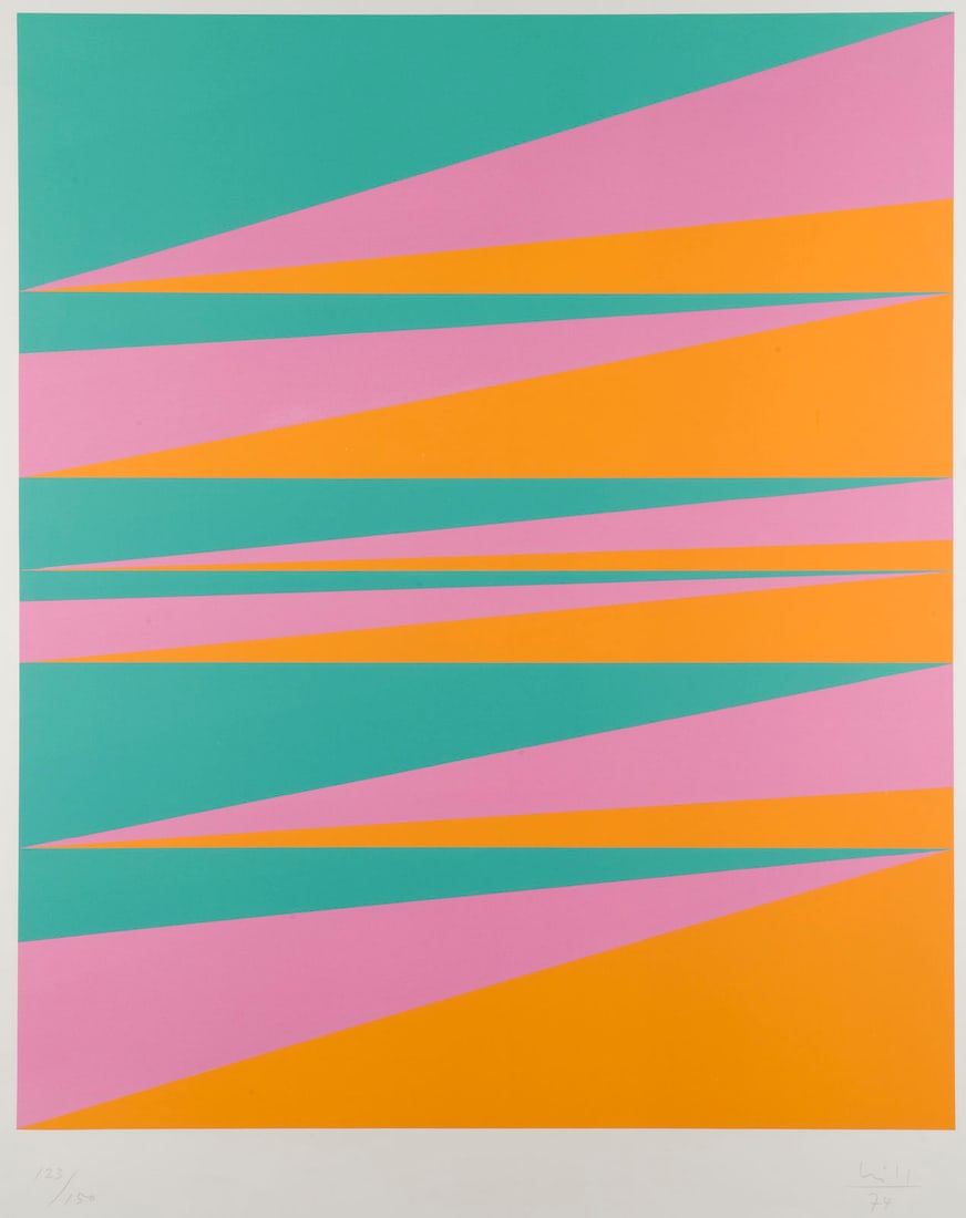 MAX BILL – OHNE TITEL (1974): MAX BILL1908 Winterthur - 1994 Berlin UNTITLED (1974) Colour serigraph on wove paper, with dry stamp 'Erker Presse St. Gallen'. Sheet size 89.9 x 69.8 cm. Print size 69.5 x 58.3 cm. Signed and dated i