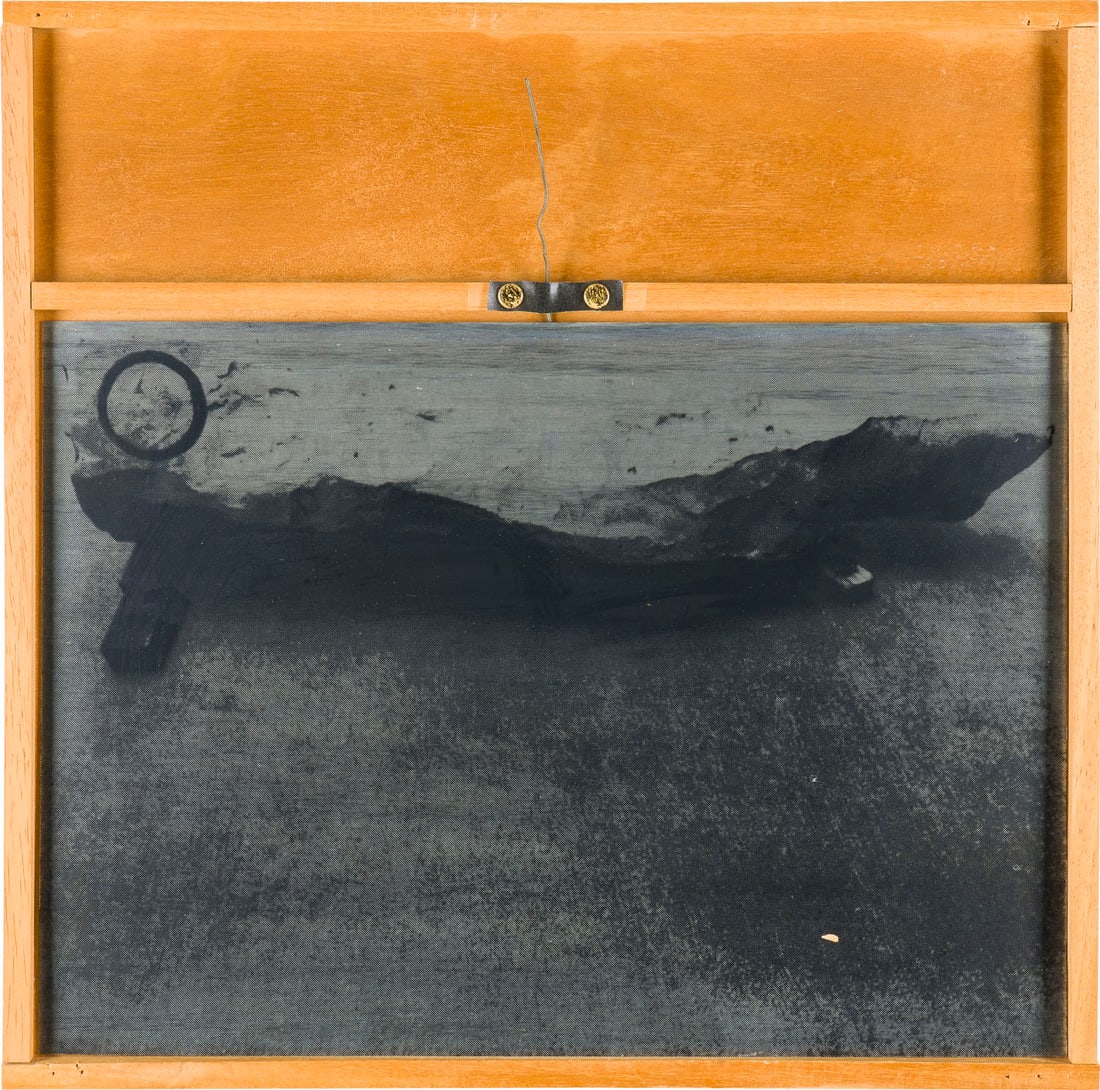 JOSEPH BEUYS – 'EIN-STEIN-ZEIT' (1984): JOSEPH BEUYS1921 Krefeld - 1986 Duesseldorf 'ONE-STONE-AGE' (1984) Serigraph on zinc plate with wire in wooden box/frame. F 42 x 42,3 cm. Sheet size 28,9 x 40,3 cm. Signed on the reverse with blue met