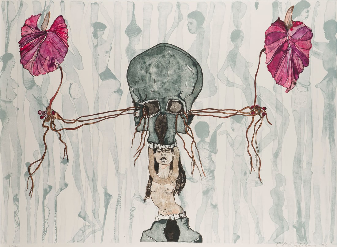 CORNELIA SCHLEIME – 'MUTATION MIT TOTENKOPF' (2002): CORNELIA SCHLEIME1953 Berlin 'MUTATION WITH SKULL' (2002) Colour lithograph on arches laid paper, with watermark 'Edition Copenhagen'. Sheet size 56.3 x 76.5 cm. Print size 55.4 x 76.5 cm. Signed and