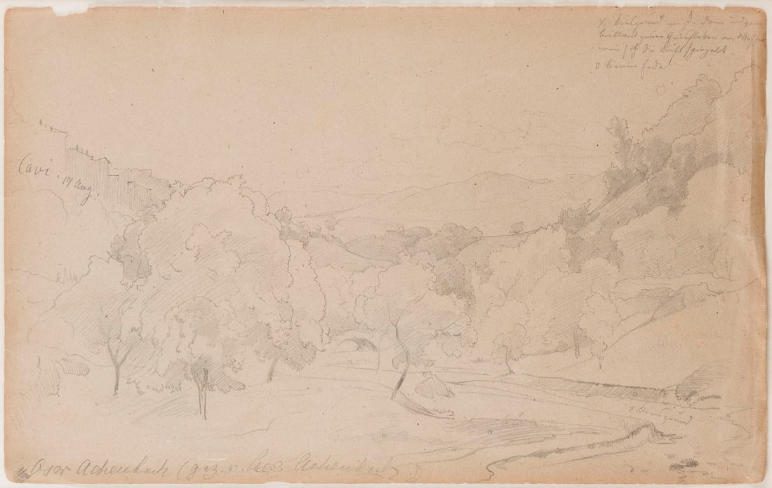 OSWALD ACHENBACH | ITALIENISCHE LANDSCHAFTSSTUDIE: OSWALD ACHENBACH 1827 Dusseldorf - 1905 Dusseldorf ITALIAN LANDSCAPE STUDY Pencil on paper. 20.5 x 33 cm (F. 34.5 x 46 cm). Signed, location inscribed ''Cavi 17. Aug.'' and faintly inscribed. Yellowed