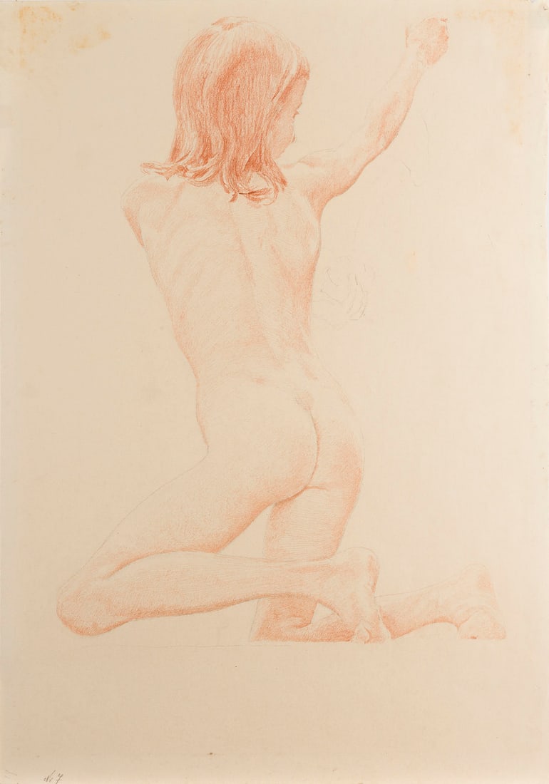 OTTO GREINER | KNIEENDER KNABENAKT, UM 1905: OTTO GREINER 1869 Leipzig - 1916 Munich KNEELING BOY NUDE, c. 1905 Red chalk and pencil on paper. 50,5 x 36 cm. Paper slightly browned, occasional creases, small loss at upper right, stains and adhesi