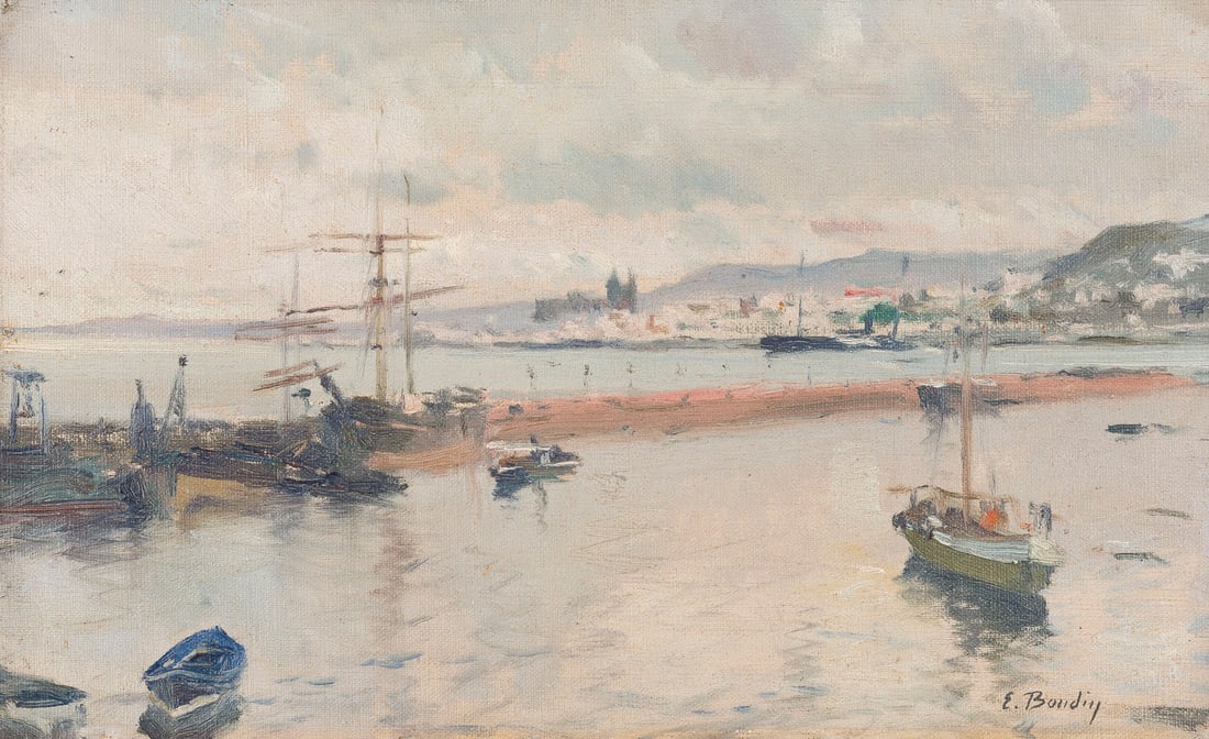 EUGÈNE BOUDIN (ZUGESCHRIEBEN) | HAVENANSICHT: EUGÈNE BOUDIN (ATTRIBUTED) 1824 Honfleur - 1898 Deauville HARBOR VIEW Oil on canvas, lined. 22 x 35 cm (frame 32 x 45 cm). Signed lower right. Framed. Eugène Boudin is regarded as one of the most im