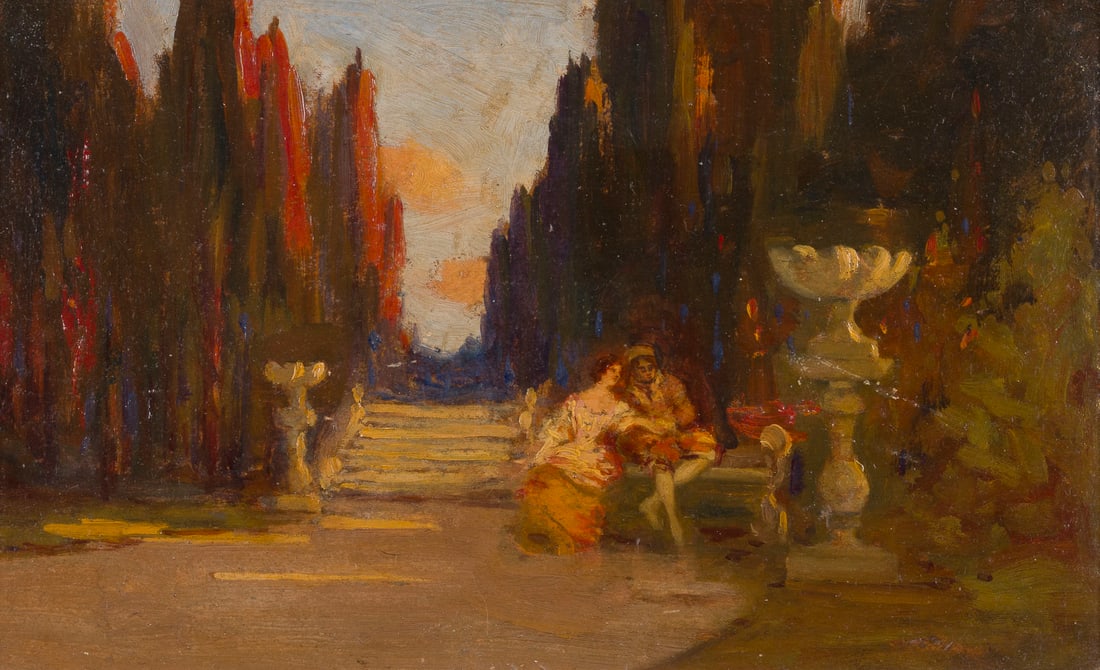 TOM MOSTYN | EIN PAAR IM SCHLOSSPARK: TOM MOSTYN 1864 Liverpool - 1930 Manchester A COUPLE IN THE CASTLE PARK Oil on panel. 17 × 28 cm (f: 35 × 35 cm). Verso: gallery label with information about the painting in English. Minor scratches