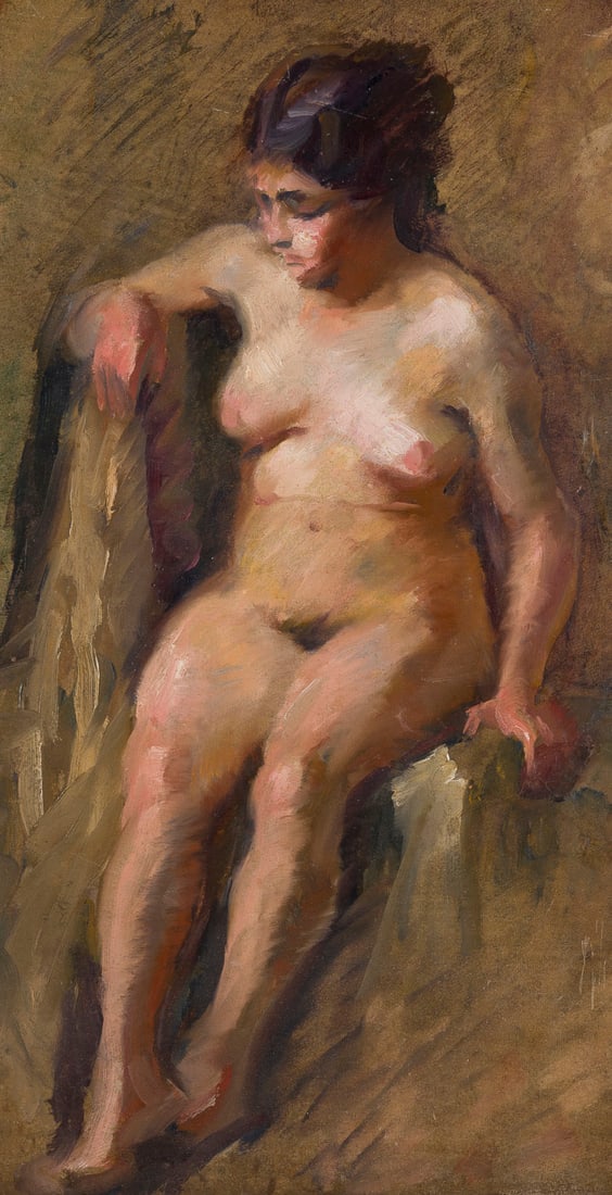 LOVIS CORINTH (WOHL) | AKT: LOVIS CORINTH (PROBABLY) 1858 Tapiau, East Prussia - 1925 Zandvoort NUDE Oil on artist's board. 71.5 x 39 cm (F: 83 x 50 cm). Verso: fragment, presumably from an earlier auction catalogue. Framed.LOVI