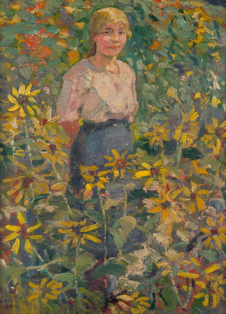 RAPHAËL DUBOIS | MÄDCHEN UNTER BLUMEN, 1914: RAPHAEL DUBOIS Belgian, 1888-1960 GIRL AMONG FLOWERS, 1914 Oil on panel. 43 x 31.5 cm (F. 58 x 48 cm). Signed and dated lower left. Verso inscribed and dated in pencil. Framed. Provenance: Private col
