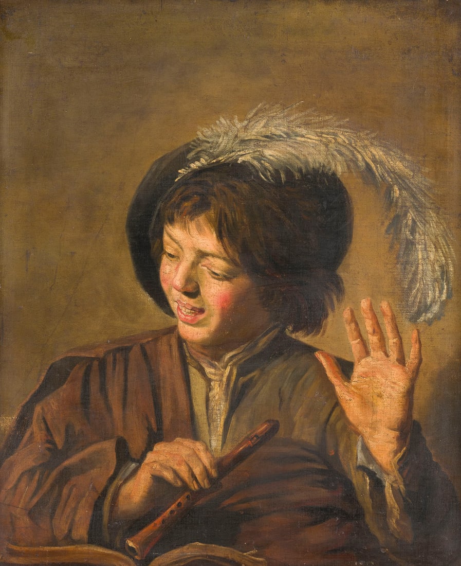 WAHRSCHEINLICH WERKSTATT DES FRANS HALS | JUNGE MIT FLÖTE: PROBABLY WORKSHOP OF FRANS HALS 1580 Antwerp - 26 August 1666 Haarlem BOY WITH FLUTE Oil on canvas (old relined). 65.5 x 54 cm (F. 87 x 76 cm). Verso: Two old auction numbers from the London auction h