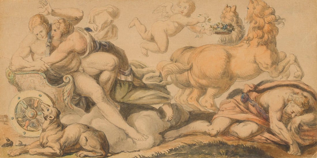 ANNIBALE CARRACCI (NACHFOLFER DES 18./19. JH) | CEPHALUS UN: FOLLWER OF ANNIBALE CARRACCI OF THE 18TH/19TH CENTURY 3 November 1560 Bologna - 15 July 1609 Rome CEPHALUS AND AURORA (1597-1602) Pencil and watercolours on thin paper. Sheet size: 10 x 20 cm, frame s