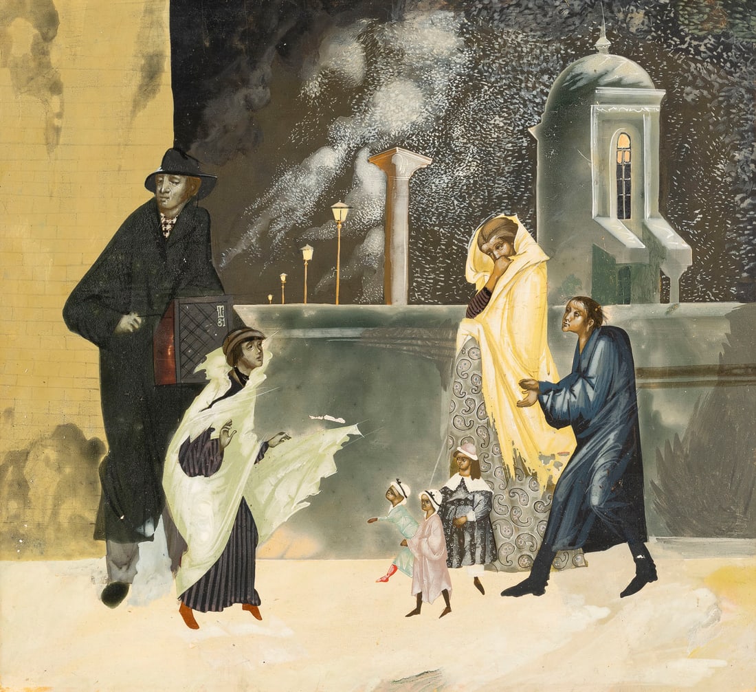 TATIANA PAVLOVNA SHIRIKOVA: TATIANA PAVLOVNA SHIRIKOVA 1952 Tallinn 'PETERSBURG ORGAN GRINDER' Dated 1980 Tempera, levkas on panel. 27 x 30 cm (F. 31,4 x 34,4 cm). Verso: signed, dated and titled in Cyrillic. With min. losses of