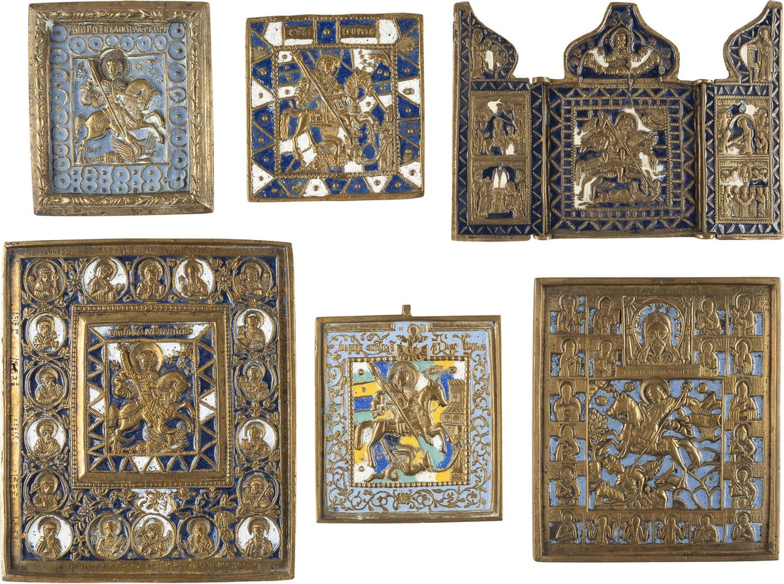 A COLLECTION OF SIX BRASS AND ENAMEL ICONS DEPICTING ST. GEORGE KILLING THE DRAGON AND ST.: A COLLECTION OF SIX BRASS AND ENAMEL ICONS DEPICTING ST. GEORGE KILLING THE DRAGON AND ST. DEMETRIUS Russian, 18th/19th century Cast in relief, multi-coloured enamelled. Enamel part. chipped. 8-14.7 c
