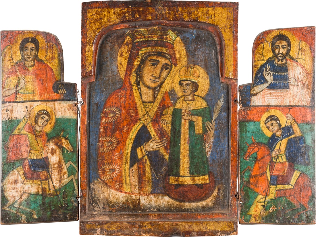 A TRIPTYCH SHOWING THE MOTHER OF GOD OF 'THE UNFADING ROSE', THE ARCHANGEL MICHAEL, ST.: A TRIPTYCH SHOWING THE MOTHER OF GOD OF 'THE UNFADING ROSE', THE ARCHANGEL MICHAEL, ST. JOHN THE FORERUNNER AND TWO WARRIOR SAINTS Bulgarian, 18th century In the centre the Mother of God supporting Ch