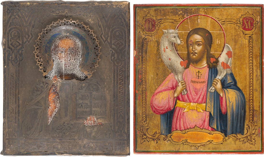 TWO SMALL ICONS OF CHRIST PANTOKRATOR WITH SILVER OKLAD AND CHRIST THE GOOD SHEPHERD: TWO SMALL ICONS OF CHRIST PANTOKRATOR WITH SILVER OKLAD AND CHRIST THE GOOD SHEPHERD Russian, mid 19th century / Russian, Moscow, 1879 (oklad) Tempera / oil on wood panels. Finely executed in bright c
