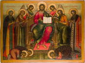 A MONUMENTAL AND VERY FINE ICON WITH AN EXTENDED DEESIS FROM A CHURCH ICONOSTASIS