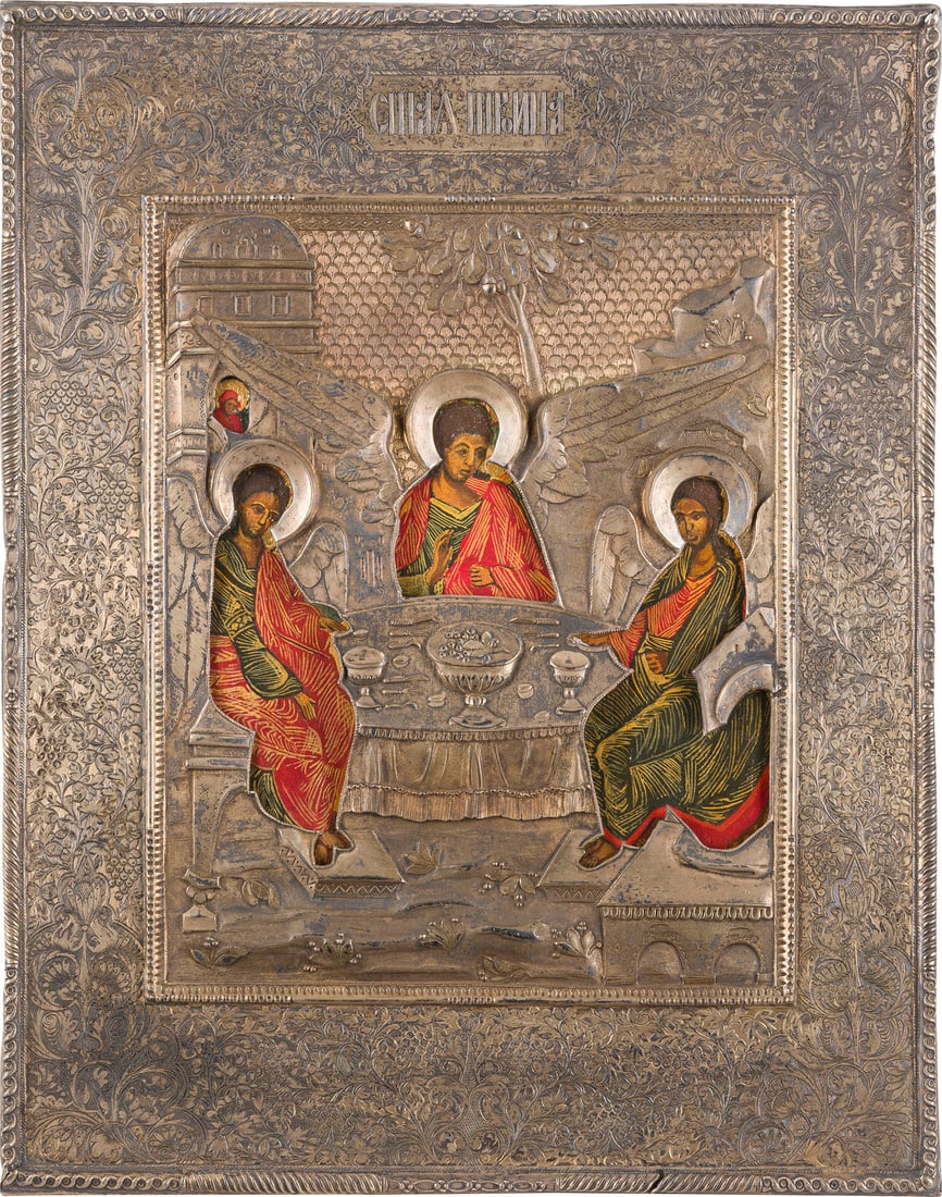 AN ICON SHOWING THE OLD TESTAMENT TRINITY WITH A VERY FINE SILVER-GILT RIZA