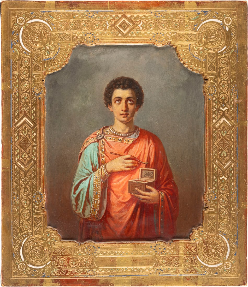 A VERY FINE ICON SHOWING ST. PANTELEIMON: A VERY FINE ICON SHOWING ST. PANTELEIMON Russian, late 19th century Oil on wood panel. The border executed delicately with ample gold against a punched background, the foliate decoration emulating con