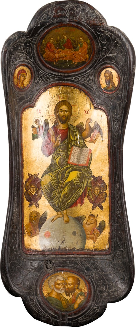 A MONUMENTAL ICON SHOWING THE ENTHRONED CHRIST: A MONUMENTAL ICON SHOWING THE ENTHRONED CHRIST Recent Oil on wood panel. Painted on gold ground. Minor paint losses. 94.6 x 39.5 cm. MONUMENTALE IKONE MIT CHRISTUS PANTOKRATOR 'ERLÖSER UNTER DEN ENGE
