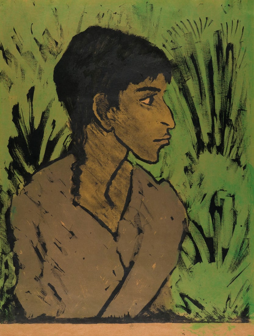 OTTO MUELLER - 'ZIGEUNERIN IM PROFIL' (1926-27): OTTO MUELLER 1874 Lubawka, Polen - 1930 Breslau 'ZIGEUNERIN IM PROFIL' (1926-27) Farblithografie, part. gruen koloriert auf gelbem Maschinenbuetten. R 70,5 x 59,5 cm. BM 56,5 x 43,3 cm, DM 54,4 x 43,4