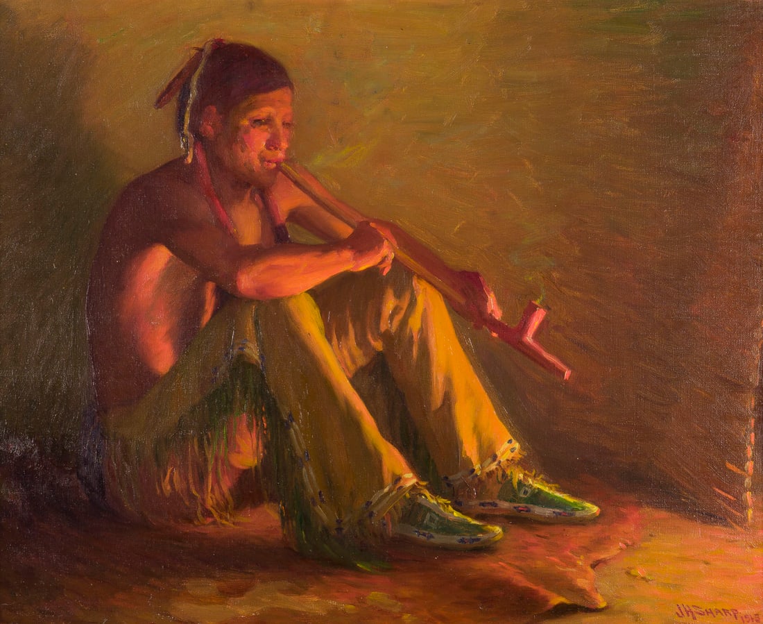 JOSEPH HENRY SHARP - 'THE MEDICINE SMOKE' (1913): JOSEPH HENRY SHARP 1859 Bridgeport, Ohio, USA - 1953 Pasadena, Kalifornien, USA 'THE MEDICINE SMOKE' (1913) OEl auf Leinwand. R 70 x 82,5 cm, Leinwand 56 x 68 cm. Unten rechts signiert und datiert 'JH