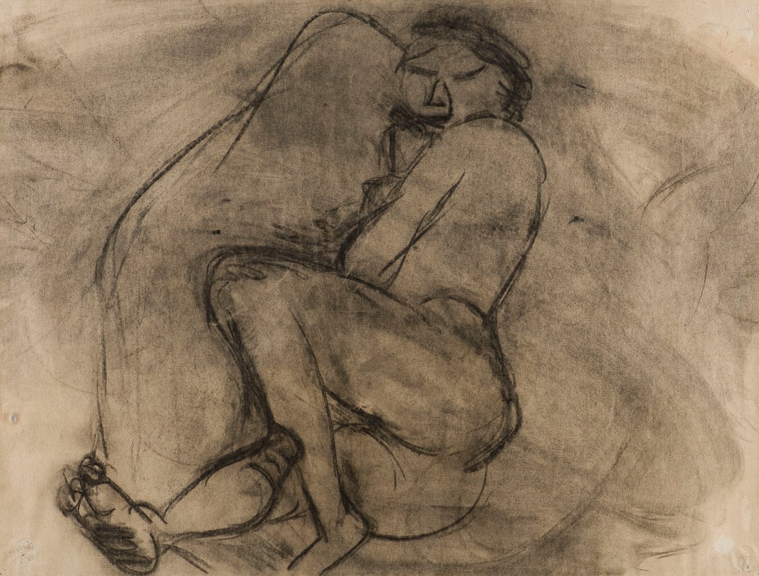 ALLAN KAPROW - DAMENAKT (1954): ALLAN KAPROW 1927 Atlantic City, USA - 2006 Encinitas/San Diego, USA DAMENAKT (1954) Kohlezeichnung auf Papier. R 65,5 x 85 cm, BM 48 x 63,5 cm. Rahmenrueckseite signiert, datiert und bez. Leicht gebr