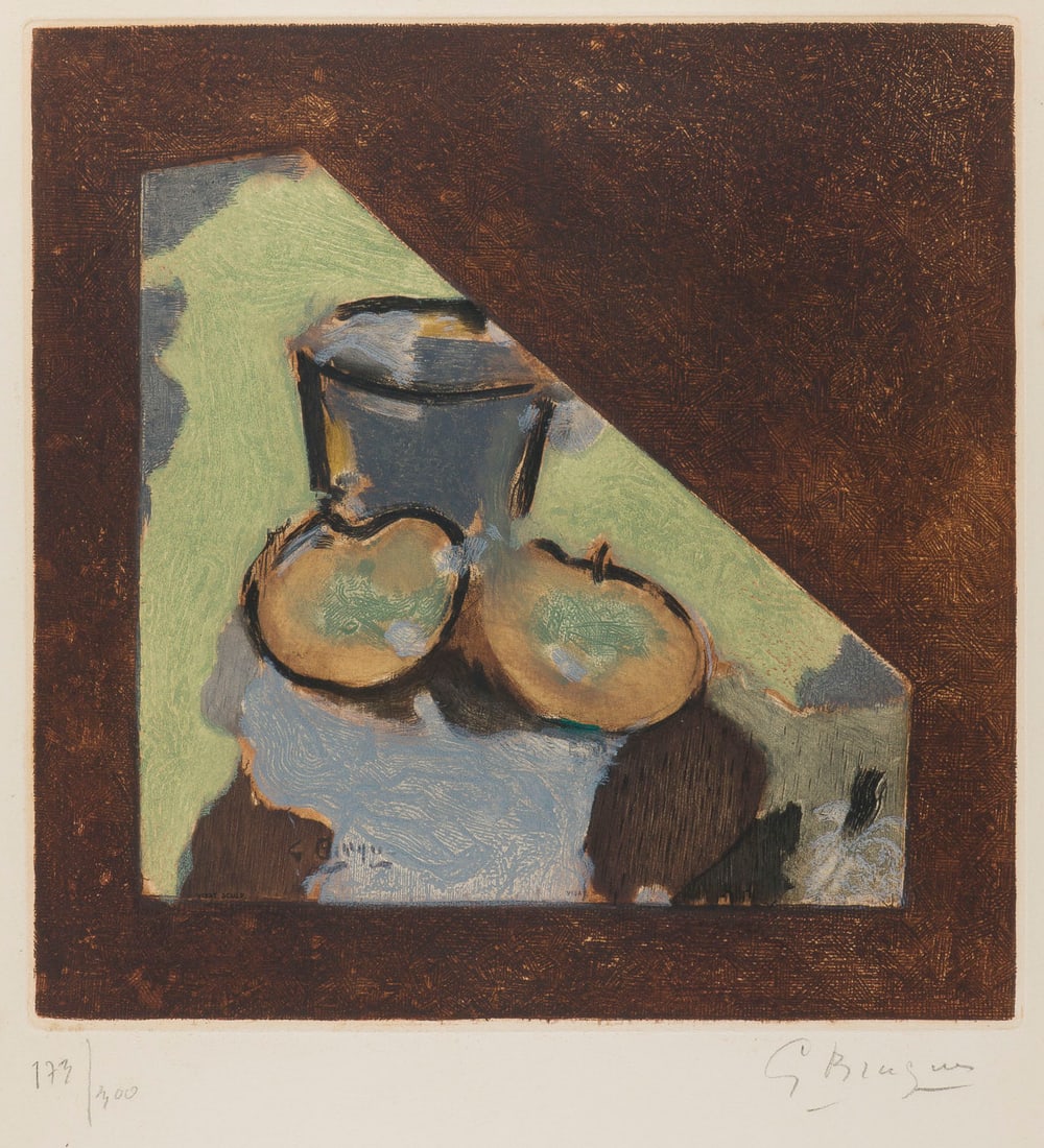 GEORGES BRAQUE (NACH) - 'NATURE MORTE OBLIQUE' (C. 1950): GEORGES BRAQUE (NACH) 1882 Argenteuil - 1963 Paris 'NATURE MORTE OBLIQUE' (C. 1950) Farbradierung und Aquatinta auf BFK Rives, mit Wasserzeichen. R 57 x 45,5 cm. DM 29 x 28,5 cm. BM 55,5 x 44 cm. Unte