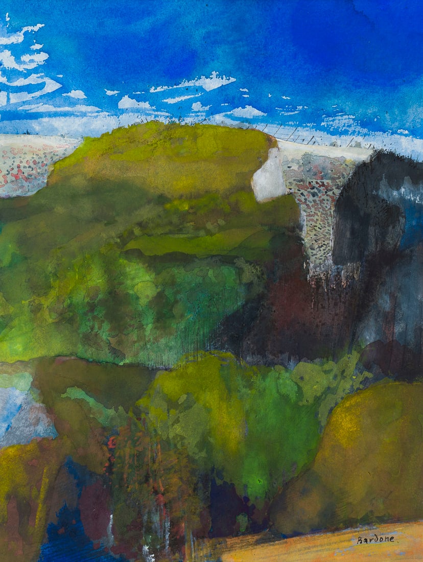 GUY BARDONE - LANDSCHAFT: GUY BARDONE 1927 Saint Claude/Franche-Comte - 2015 Oyonnax, Frankreich LANDSCHAFT Mischtechnik, Aquarell und Tinte auf Papier. R. 63,8 x 53,4 cm. SM 37 x 28,3 cm. Unten rechts sign. 'Bardone'. Im Pass