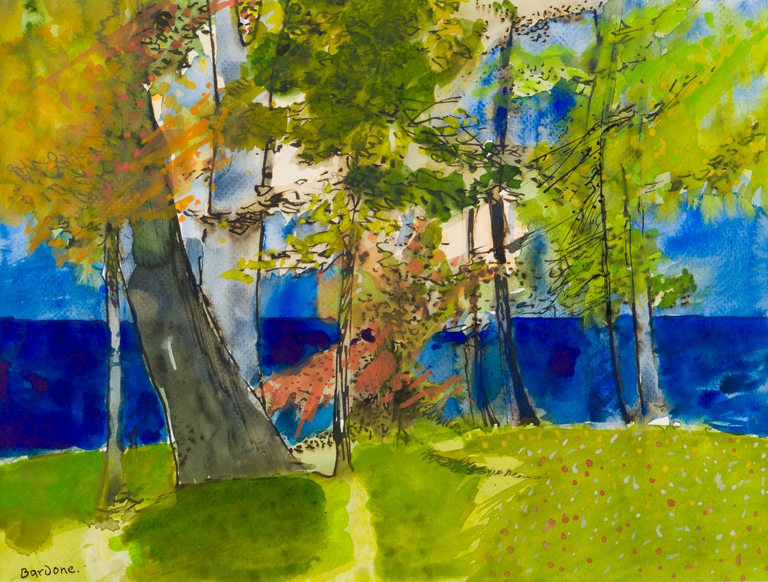 GUY BARDONE - LANDSCHAFT MIT BAEUMEN: GUY BARDONE 1927 Saint Claude/Franche-Comte - 2015 Oyonnax, Frankreich LANDSCHAFT MIT BAEUMEN Mischtechnik, Aquarell und Tinte auf Papier. R. 56 x 65 cm. SM 30 x 39,5 cm. Unten links sign. 'Bardone'.