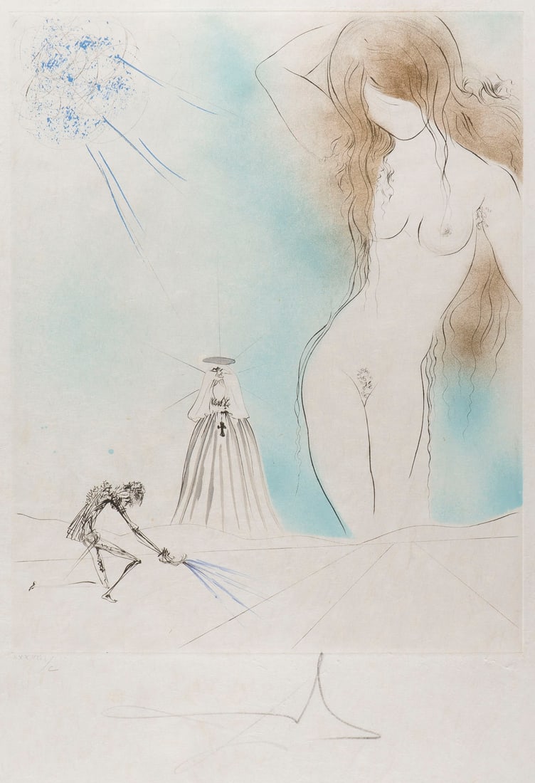 SALVADOR DALI - 'NUDE (AKT)' (1970): SALVADOR DALI 1904 Figueres, Girona - 1989 ebenda 'NUDE (AKT)' (1970) aus: Don Juan Kolorierte Kaltnadelradierung auf Japan, mit Trockenstempel 'Dalí'. R 77,5 x 58,5 cm. SM 54,5 x 39,5 cm. DM 39,5 x 