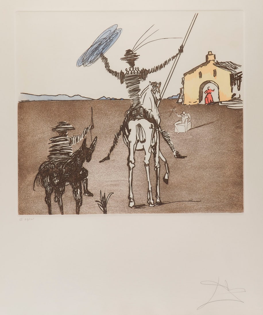 SALVADOR DALI - 'DER UNMOEGLICHE TRAUM' (1979/81): SALVADOR DALI 1904 Figueres, Girona - 1989 ebenda 'DER UNMOEGLICHE TRAUM' (1979/81) aus: Die Geschichte von Don Quijote de la Mancha Kolorierte Aquatintaradierung auf Buetten, mit Trockenstempel 'DALA