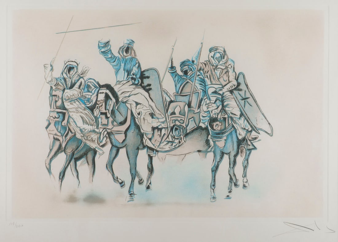 SALVADOR DALI (NACH) - BEDUINEN ZU PFERD (STUDIE FUER DIE SCHLACHT VON TETUAN): SALVADOR DALI (NACH) 1904 Figueres, Girona - 1989 ebenda BEDUINEN ZU PFERD (STUDIE FUER DIE SCHLACHT VON TETUAN) Aquatintaradierung auf Velin. R 65 x 82 cm. SM 45,7 x 62,7 cm. DM 39,5 x 58,7 cm. Unten