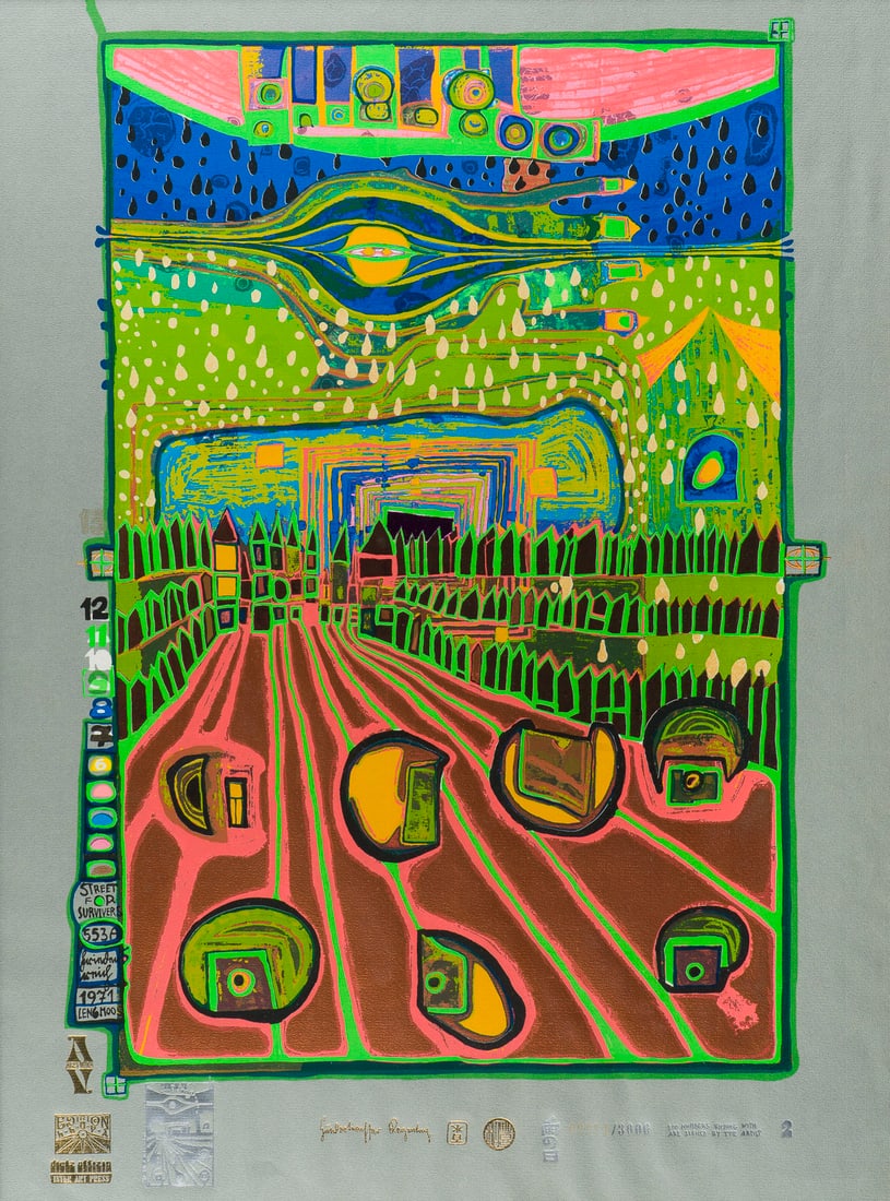 FRIEDENSREICH HUNDERTWASSER - 'STREET FOR SURVIVORS (STRASSE DER UEBERLEBENDEN)' (1972): FRIEDENSREICH HUNDERTWASSER 1928 Wien - 2000 Pazifischer Ozean 'STREET FOR SURVIVORS (STRASSE DER UEBERLEBENDEN)' (1972) Blatt 2 aus: Look at it on a rainy day Farbserigrafie mit Metallpraegung auf gr
