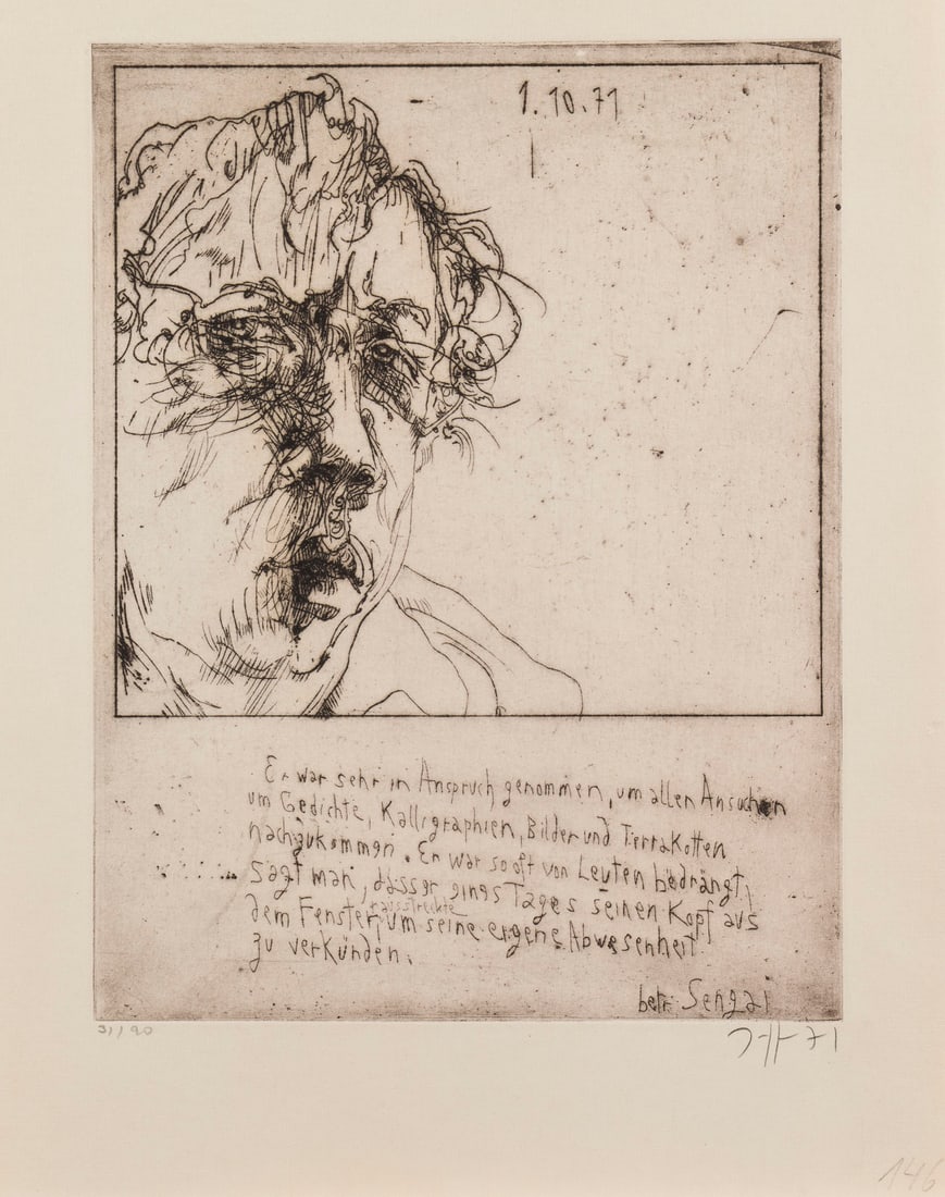 HORST JANSSEN - 'SELBST' (1971): HORST JANSSEN 1929 Hamburg - 1995 ebenda 'SELBST' (1971) Aquatintaradierung auf Buetten. DM 24,6 x 18,9 cm, BM 32 x 25,5 cm. Unten rechts mit Bleistift signiert und dat., sowie unten links num. '31/90