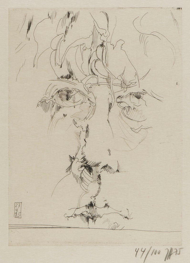 HORST JANSSEN - SELBSTPORTRAIT (1975): HORST JANSSEN 1929 Hamburg - 1995 ebenda SELBSTPORTRAIT (1975) Radierung auf chamoisfarbenem Papier. R 62,6 x 52,5 cm. SM 26,4 x 19,7 cm. DM 22,3 x 16,2 cm. Unten rechts mit Bleistift sign., dat. sowi