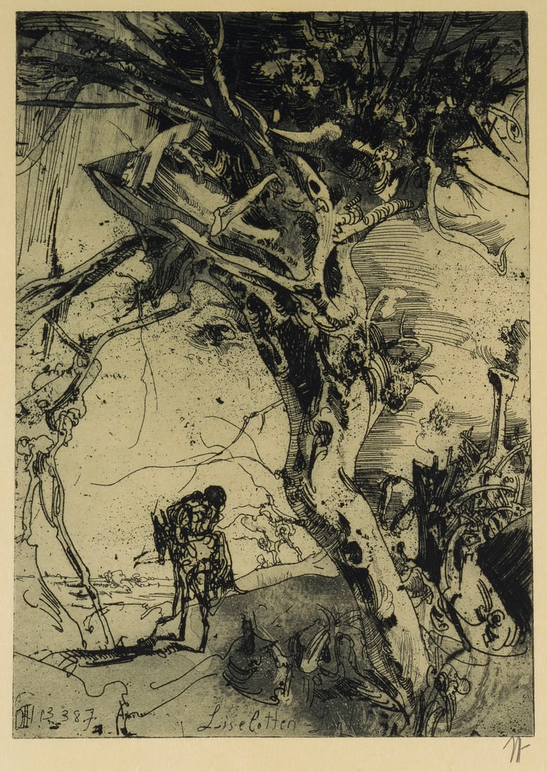 HORST JANSSEN - PAAR RADIERUNGEN 'LANGENHORN' (1982) UND 'LIESELOTTEN-LAND' (1987): HORST JANSSEN 1929 Hamburg - 1995 ebenda PAAR RADIERUNGEN 'LANGENHORN' (1982) UND 'LIESELOTTEN-LAND' (1987) Farbradierung/ Radierung und Aquatinta auf Buetten/ Japanpapier mit Wasserzeichen, Ed. Griff