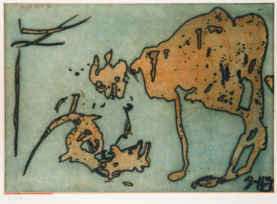 HORST JANSSEN - 'ANGST' (1995): HORST JANSSEN 1929 Hamburg - 1995 ebenda 'ANGST' (1995) Aquatintaradierung auf Japanpapier. BM 61,5 x 79,8 cm. DM 42 x 59,3 cm. Oben links in der Platte betitelt, dat. u. sign. sowie unten rechts sign