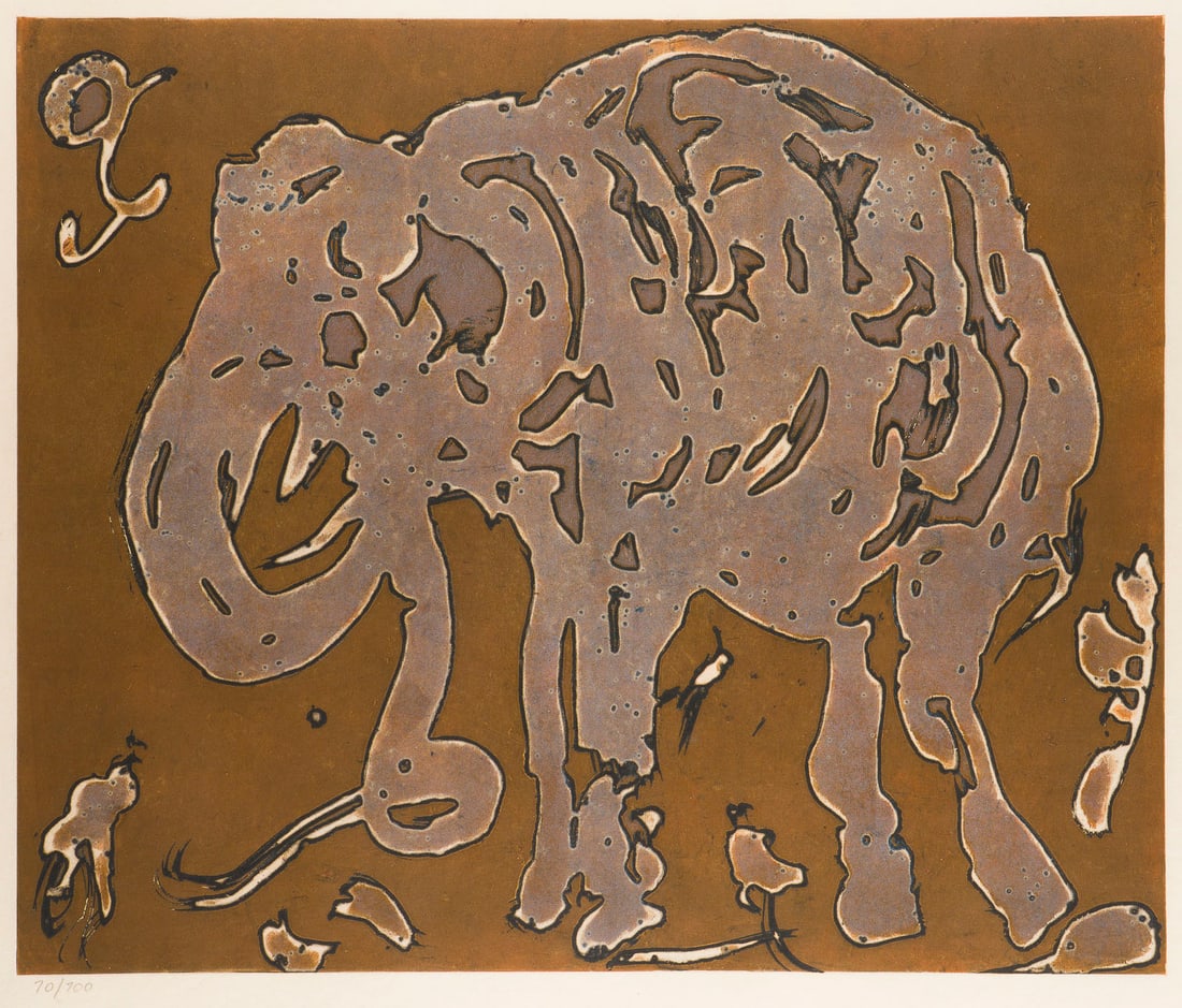 HORST JANSSEN - 'ELEPHANT' (1995): HORST JANSSEN 1929 Hamburg - 1995 ebenda 'ELEPHANT' (1995) Farbaquatintaradierung auf Japanpapier. BM 58,8 x 66 cm. DM 49,8 x 59,8 cm. Unten links mit Bleistift num. '10/100'. Verso: mit Nachlassstemp