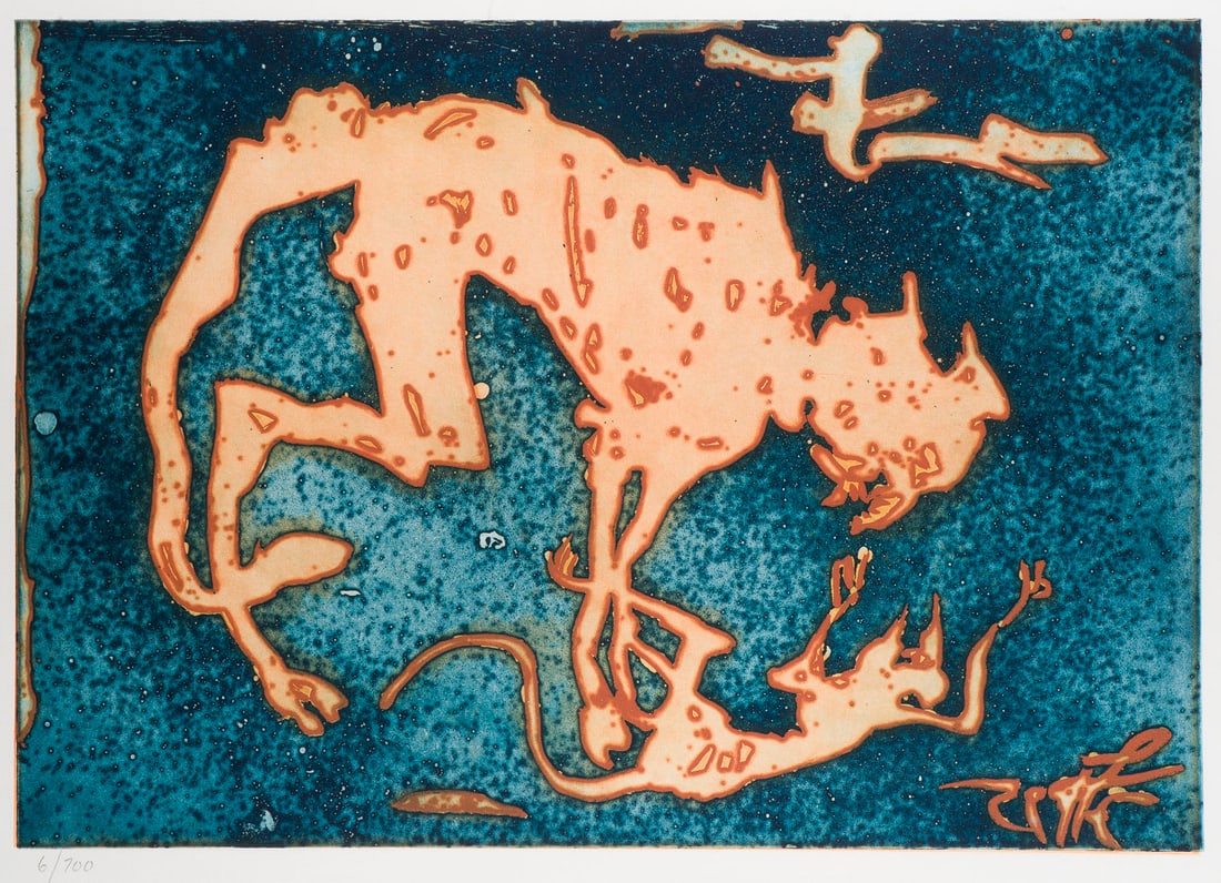 HORST JANSSEN - 'BEDROHUNG' (1995): HORST JANSSEN 1929 Hamburg - 1995 ebenda 'BEDROHUNG' (1995) Farbaquatintaradierung auf duennem Buetten. BM 56,7 x 76,7 cm. DM 41,8 x 59,9 cm. Unten rechts in der Platte sign. Verso: mit Nachlassstempe