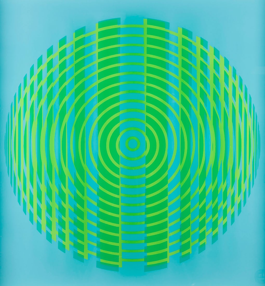 ALBERTO BIASI - OHNE TITEL (1973): ALBERTO BIASI 1937 Padua, Italien OHNE TITEL (1973) Farbserigrafie auf Papier, mit Trockenstempel 'SERIGRAFIA FERAPPI' u. Plexiglas, Edition Nikol Art. R 71 x 71 x 5 cm. BM 67 x 67 cm. Unten rechts mi