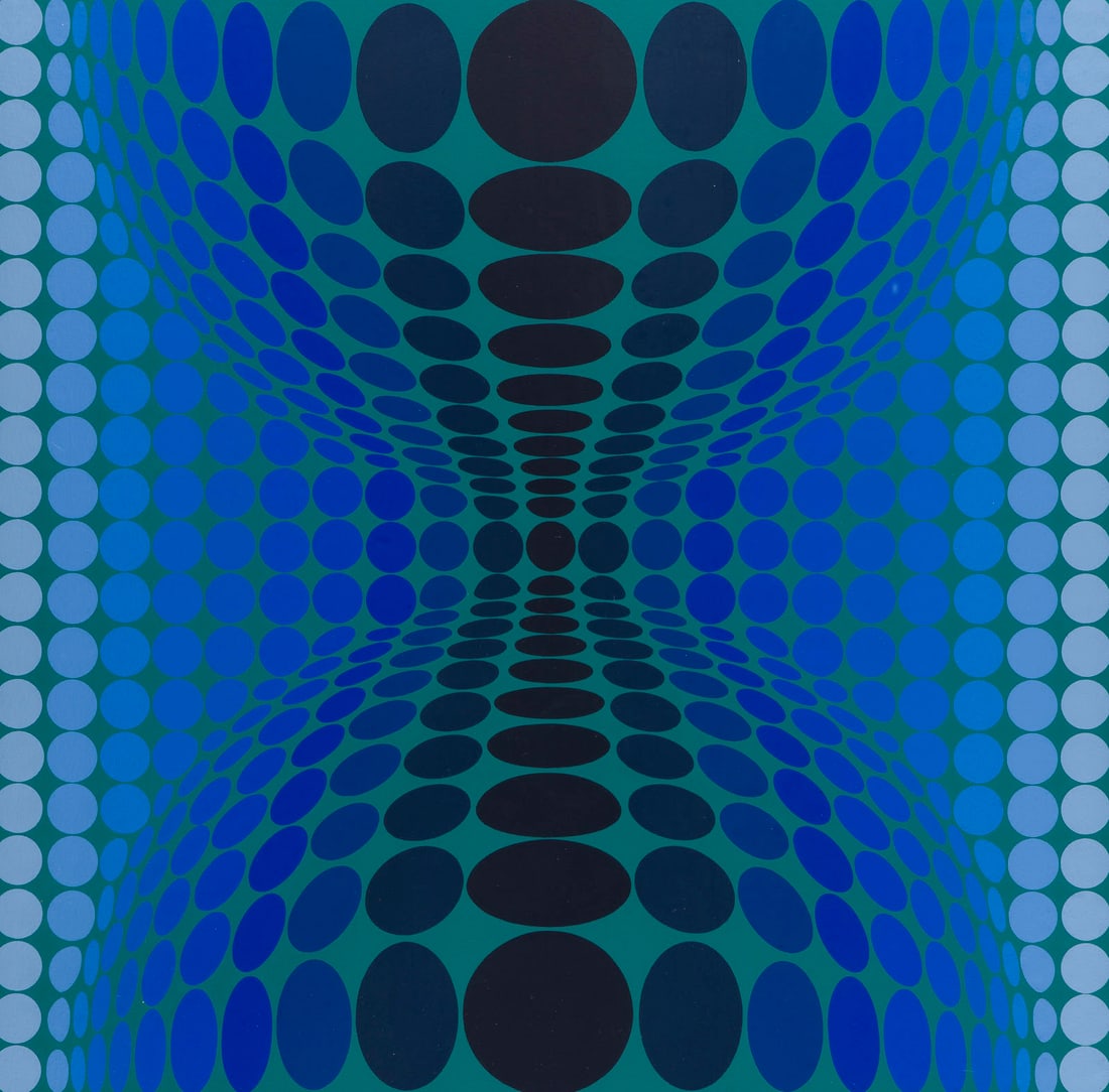 VICTOR VASARELY - 'OND' (1968): VICTOR VASARELY 1906 Pecs, Ungarn - 1997 Paris 'OND' (1968) Farbserigrafie auf schwarzem Karton. R 72 x 55,5 cm. SM 64 x 47 cm. DM 40 x 41 cm. Unten rechts mit Bleistift signiert sowie unten links num