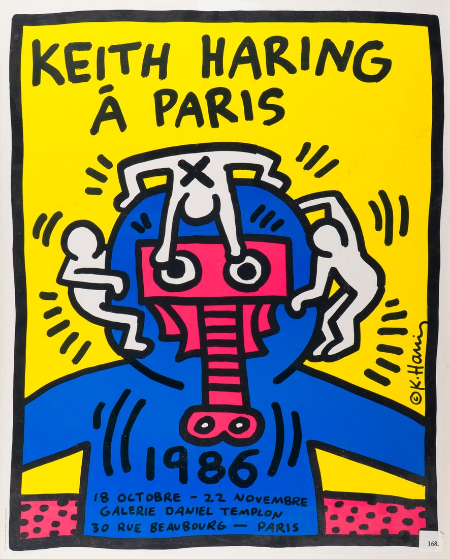 KEITH HARING - 'KEITH HARING A PARIS' (1986): KEITH HARING 1958 Reading, Pennsylvania - 1990 New York 'KEITH HARING A PARIS' (1986) Ausstellungsplakat, Farbserigrafie auf duennem Papier. BM 62 x 50 cm. Im Druck sign. Part. minimalst verschmutzt.