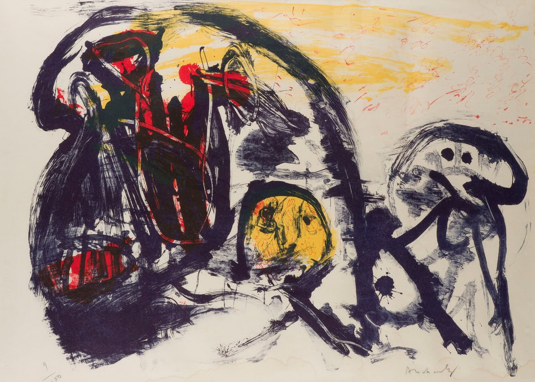 PIERRE ALECHINSKY - COMPOSITION (1981): PIERRE ALECHINSKY 1927 Schaarbeeck, Belgien - lebt und arbeitet in Frankreich COMPOSITION (1981) Farblithografie auf Arches, mit Wasserzeichen, mit Trockenstempel Edition Van De Loo. R. 56 x 71 cm. SM