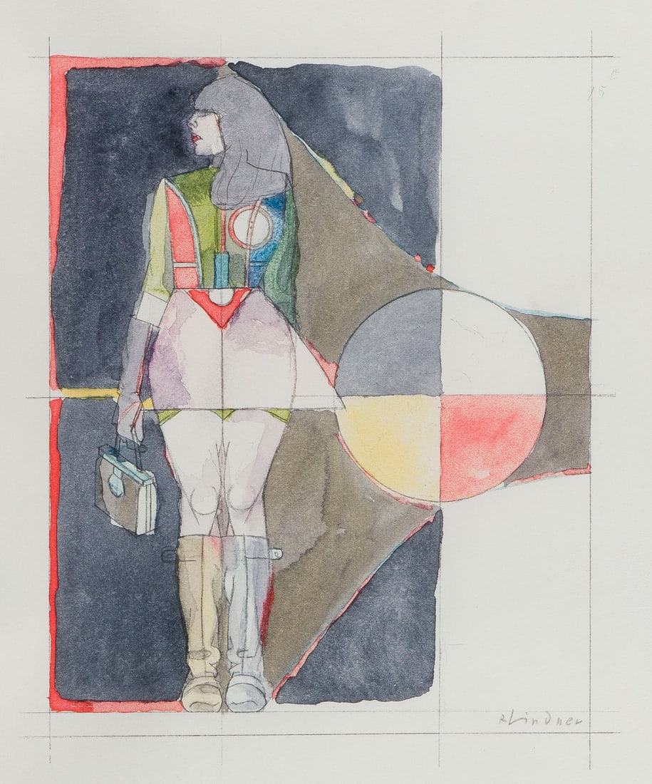 RICHARD LINDNER - OHNE TITEL (1969): RICHARD LINDNER 1901 Hamburg - 1978 New York City OHNE TITEL (1969) Aquarell und Bleistift auf Buetten. R 48,5 x 43,5 cm, BM 34,5 x 30,5 cm. Unten rechts mit Bleistift signiert. Mit Klebeetikett der L